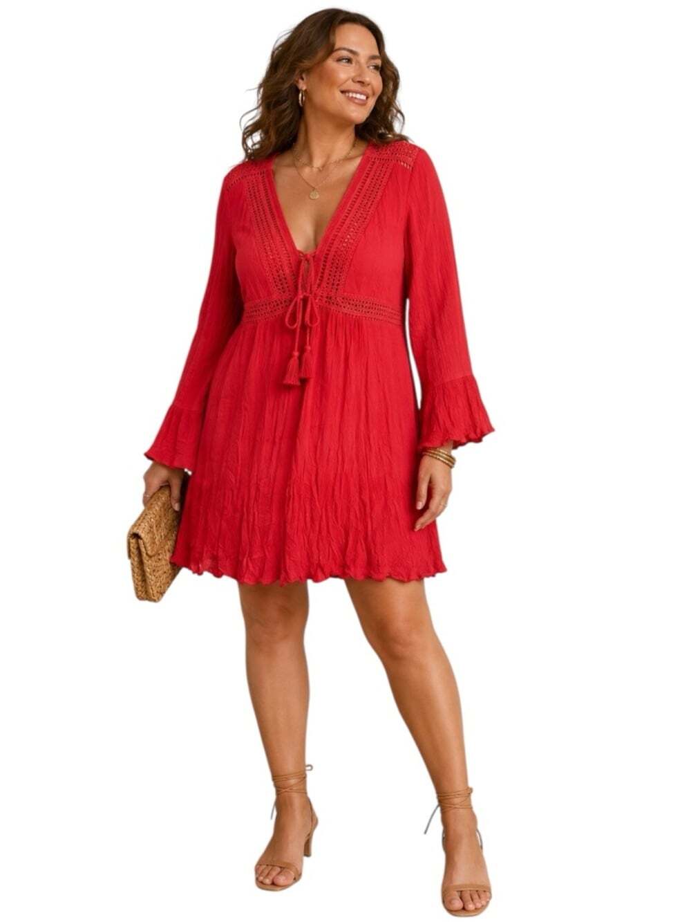 Torrid Red Crochet Trim Skater Dress 1X Boho Bell Sleeve Tie Front Festival